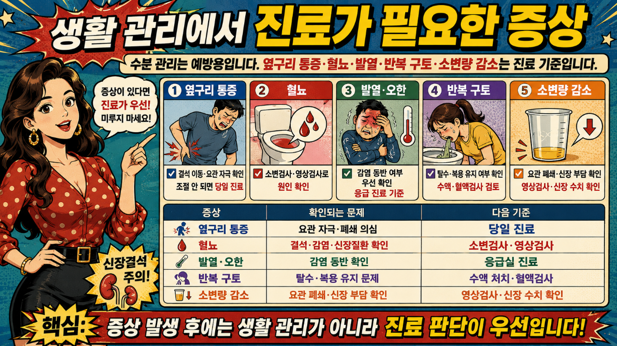커피, 탄산음료, 이온음료, 술의 수분 관리 기준을 비교하고 기본 음료는 물임을 강조한 만화형 건강 인포그래픽