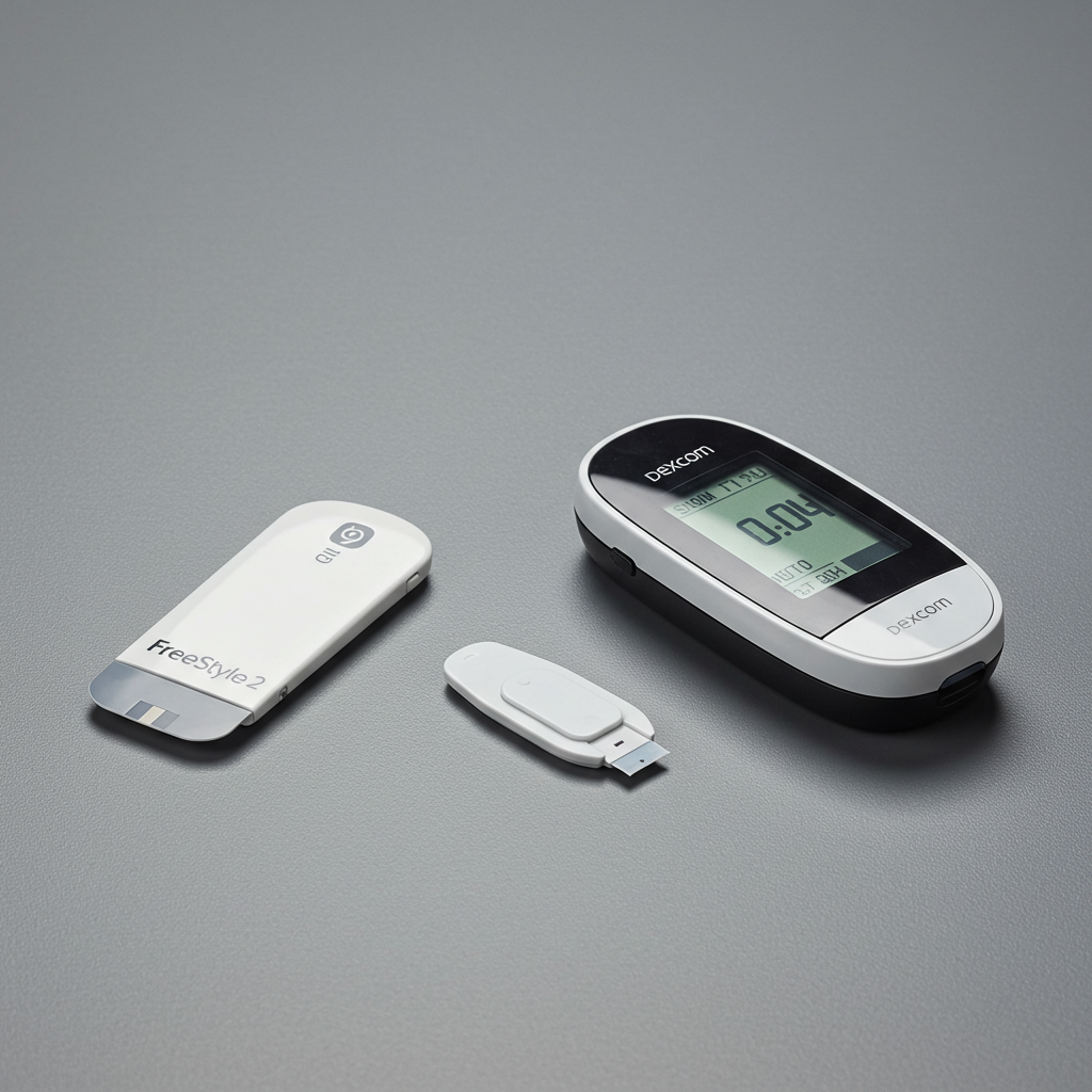 프리스타일 리브레 2 센서와 덱스콤 G7 센서 제품이 중립적인 회색 배경 위에 나란히 놓여있는 세련된 제품 사진.