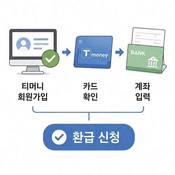 티머니 홈페이지에서 기후동행카드를 확인하고 본인 명의 계좌를 등록해 환급을 신청하는 과정을 보여주는 그림