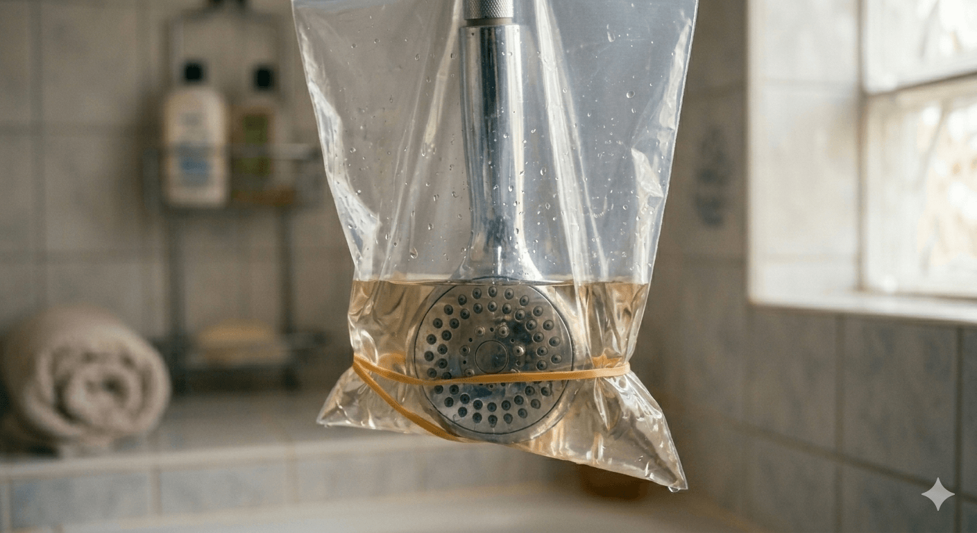 식초물을 담은 비닐봉지에 샤워기 헤드를 넣어 고정한 모습