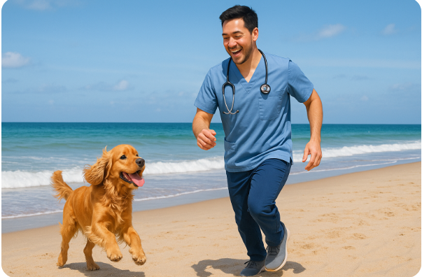 해변에서 반려견과 뛰노는 의료인