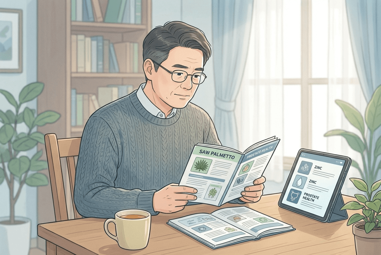전립선 건강을 고민하는 40대 한국인 남성이 쏘팔메토·아연 성분 정보를 살펴보는 일러스트