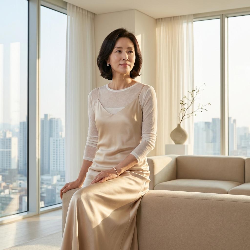 50대 우아한 슬립 원피스 매치법
