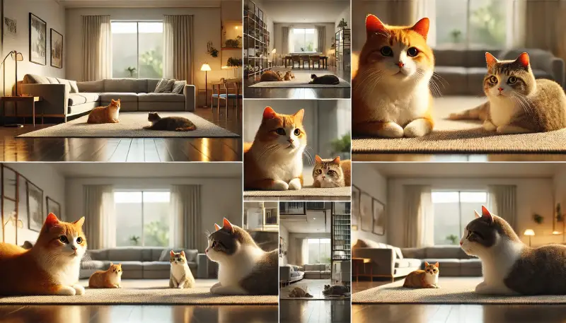 거실에서 긴장한 채 서로를 바라보는 고양이들, 따뜻한 분위기의 인테리어