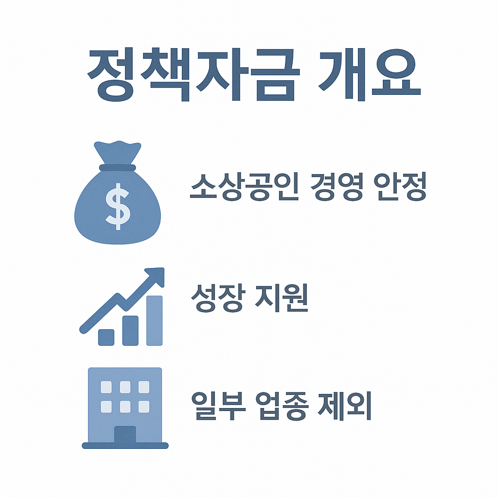 소상공인 경영 안정, 성장 지원, 일부 업종 제외 등 2025년 정책자금의 주요 특징을 설명하는 인포그래픽 이미지