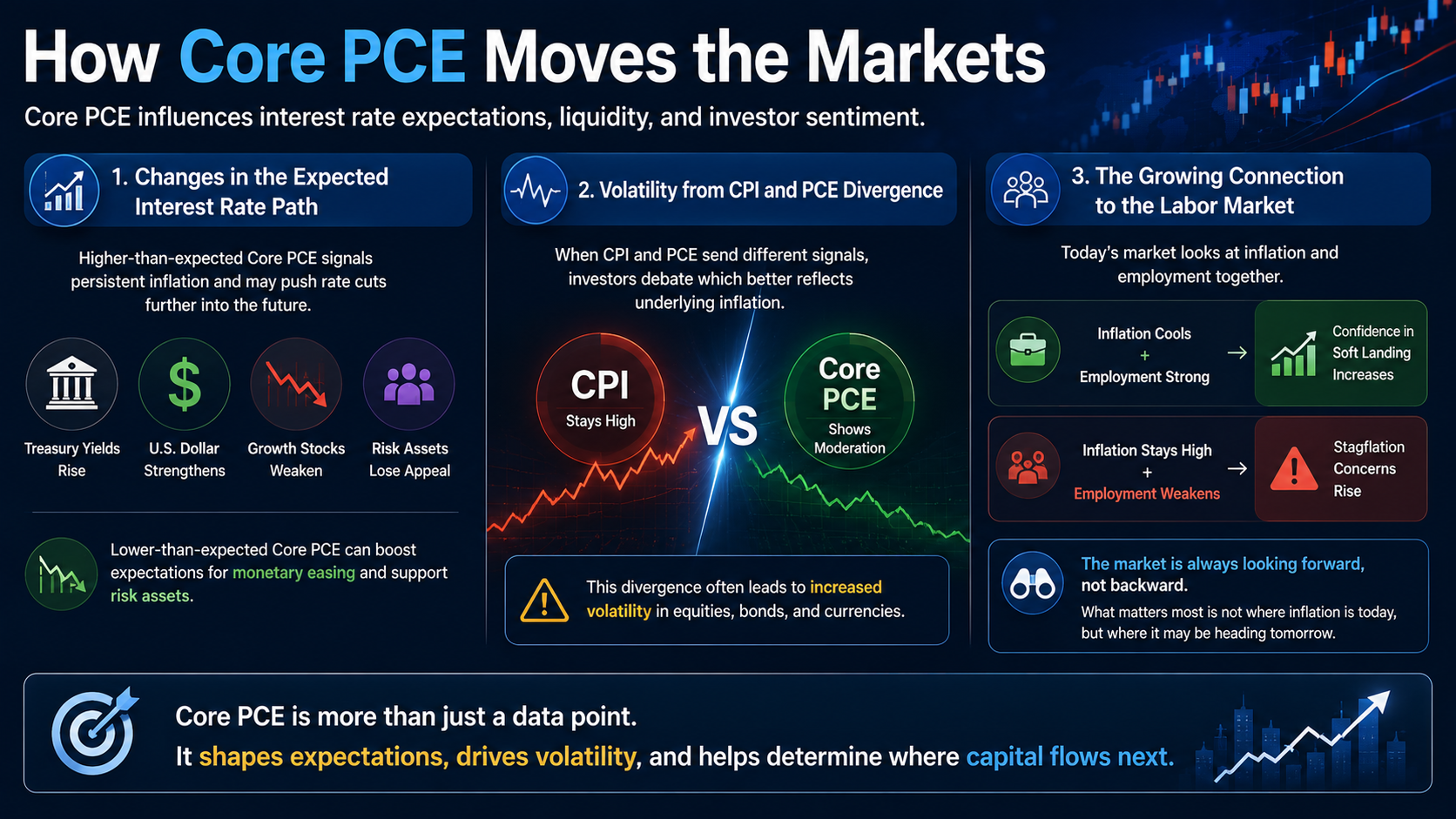 Core PCE market impact infographic showing effects on interest rates, employment, investor sentiment, and financial markets