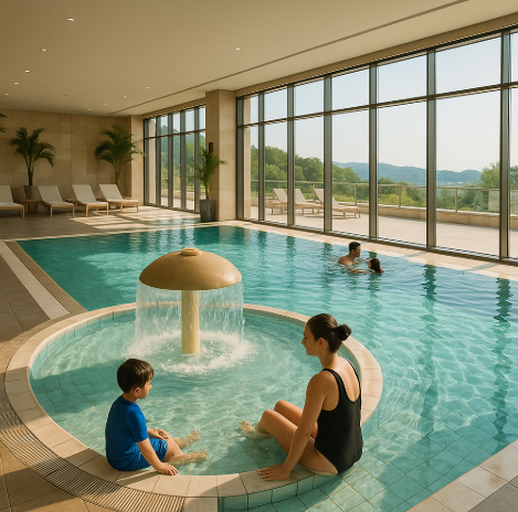 실내풀장에서 아이와 발 담그고 있는 엄마 모습