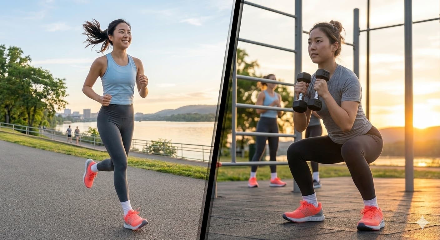강변 조깅과 실내 스쿼트 근력 운동이 함께 담긴 건강한 라이프스타일