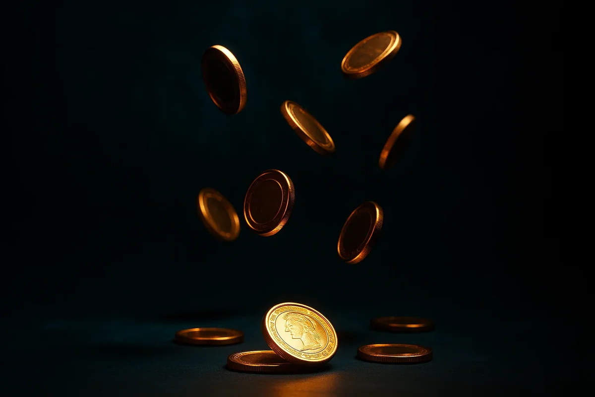 어둠 속에서 빛나는 금화가 공중에 떠있는 모습
