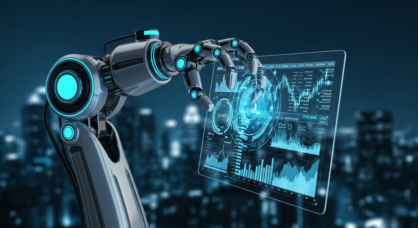 로봇 팔이 다양한 금융 자산이 담긴 디지털 포트폴리오를 섬세하게 균형 잡는 모습으로, AI 기반 스마트 투자를 상징합니다.