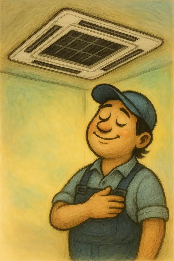 전문가의 분해 청소 후 내부까지 깨끗해진 천장형 에어컨과, 그로 인해 쾌적하고 편안해진 실내 공간에서 만족감을 느끼는 모습