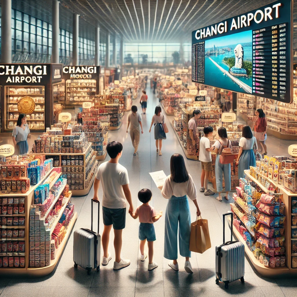 창이공항 면세점에서 쇼핑하는 가족, 기념품 진열대를 살펴보는 여행객들