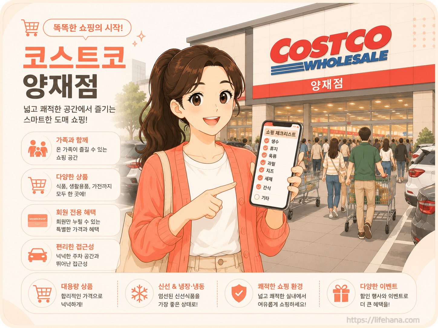 코스트코 매장 내부의 북적이는 입구 전경과 여름 시즌 할인 안내판을 확인하는 차주의 모습