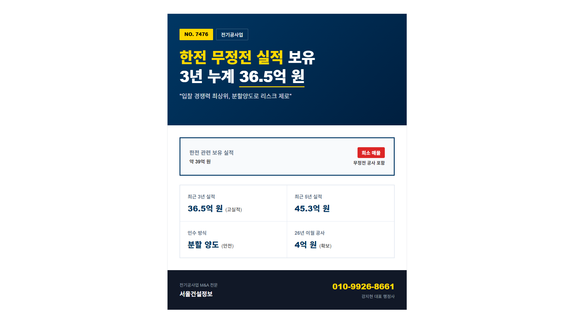 2018년 설립 전기공사업 매물 7476번 한전 무정전 실적 및 3년 36.5억 보유 행정사 심층리포트