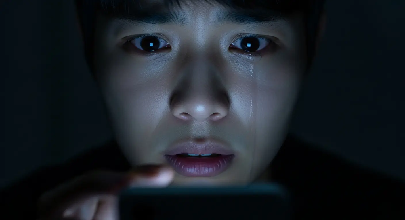 어두운 방에서 스마트폰으로 '바로크레디트대부'를 검색하며 불안해하는 한국인 청년의 모습