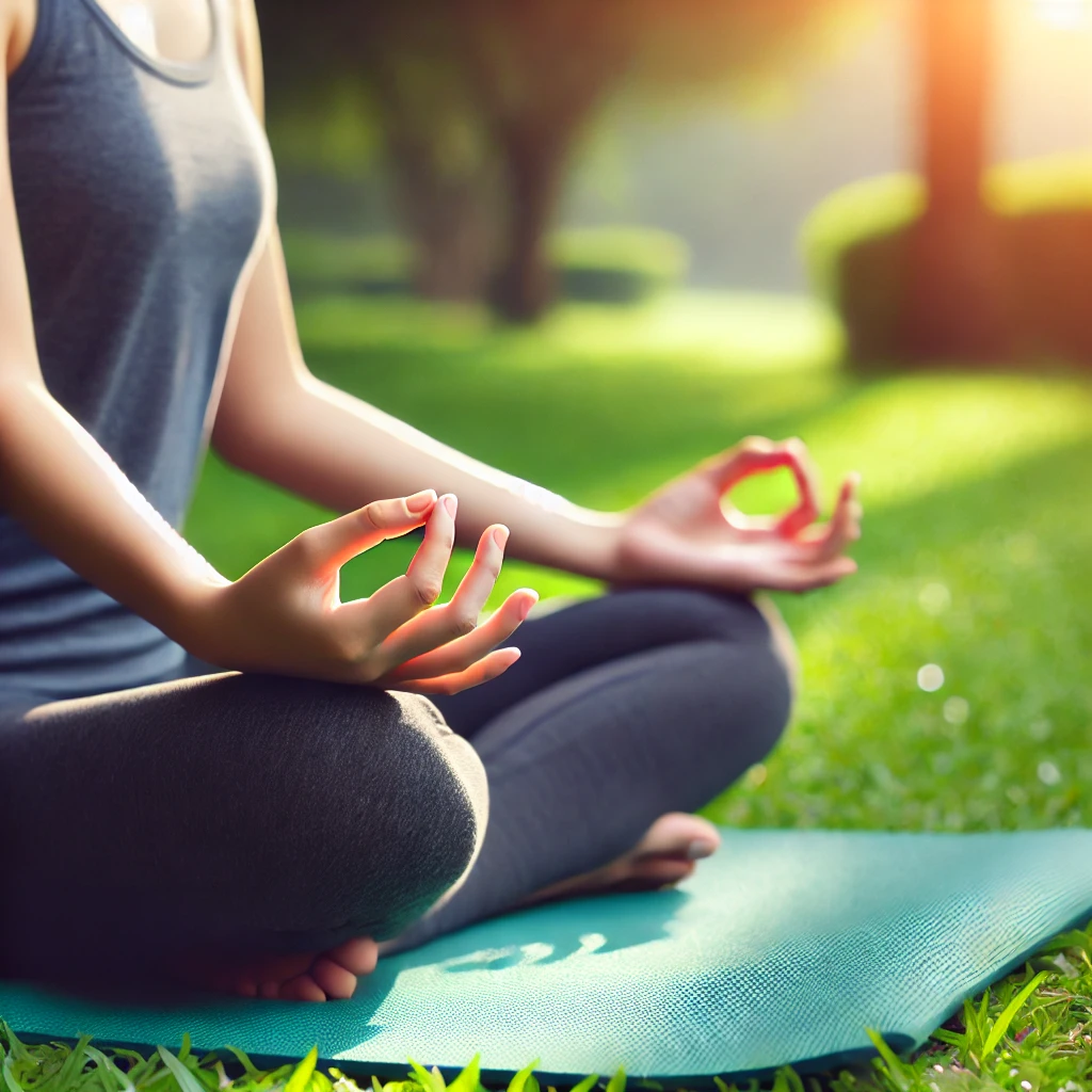"야외에서 요가 매트에 앉아 복식 호흡 운동을 하는 사람: 폐 기능을 강화하고 심신의 안정을 돕는 깊은 호흡 동작"