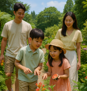 수목원에서 식물들을 관찰하고 있는 아이들과 가족