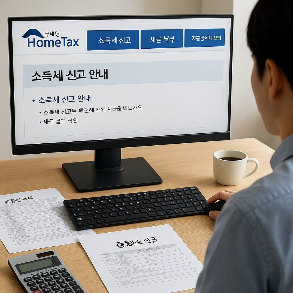 홈택스에서 소득세 신고와 납부를 진행 중인 납세자의 책상 – 홈택스 화면과 세금 서류, 계산기, 실무 가이드 메모가 함께 있는 실내 환경
