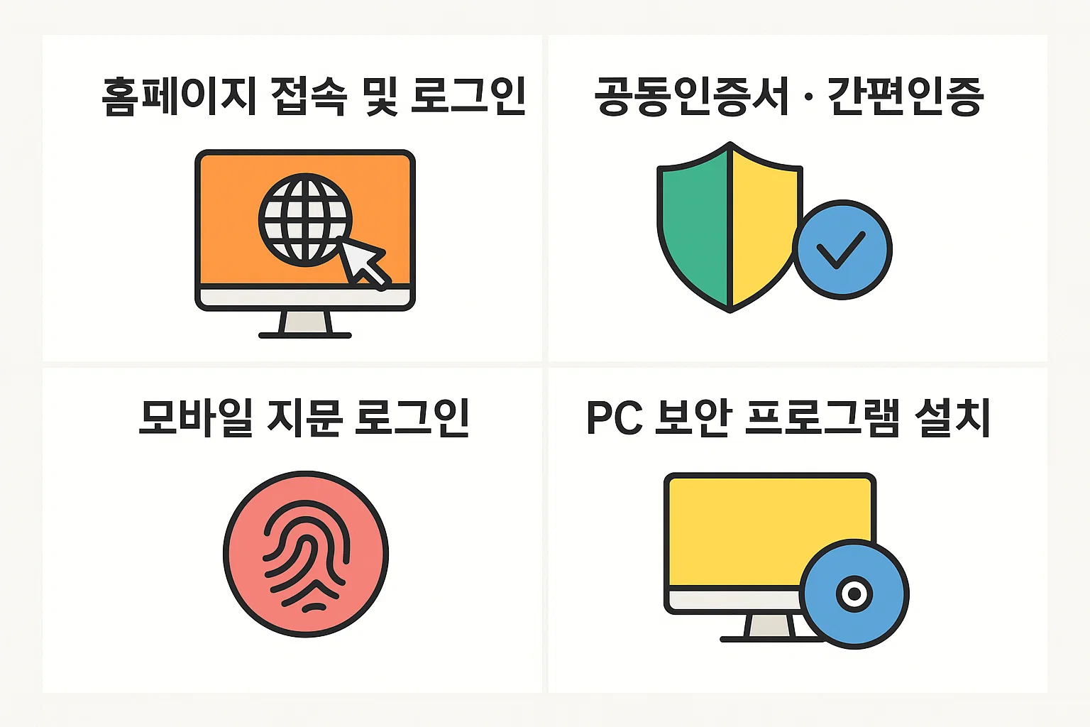 홈페이지 접속, 공동인증서&middot;간편인증, 모바일 지문 로그인, PC 보안프로그램 설치 등 로그인 절차와 보안 설정 과정을 안내하는 인포그래픽.
