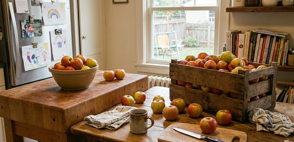 사과가 가득한 주방 사진