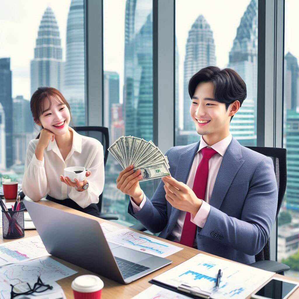 단기투자 성공하고 방법을 공유하며 동료에게 자랑하고 있는 직장인 투자자