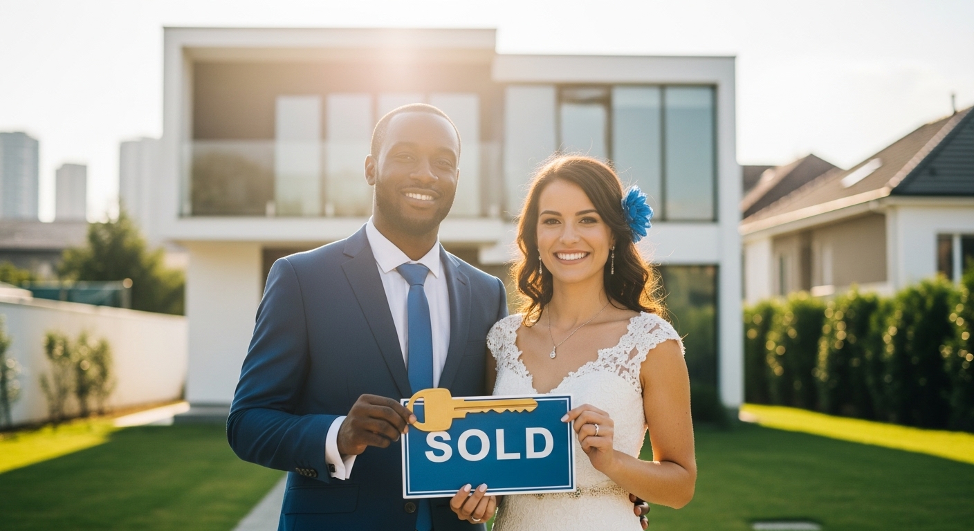 환하게 웃는 신혼부부가 현대적인 주택 앞에서 열쇠와 'SOLD' 표지판을 들고 서 있는 모습. 파란색 넥타이와 머리 장식으로 클래식 블루 테마를 강조하며, 내 집 마련의 행복한 순간을 표현합니다.