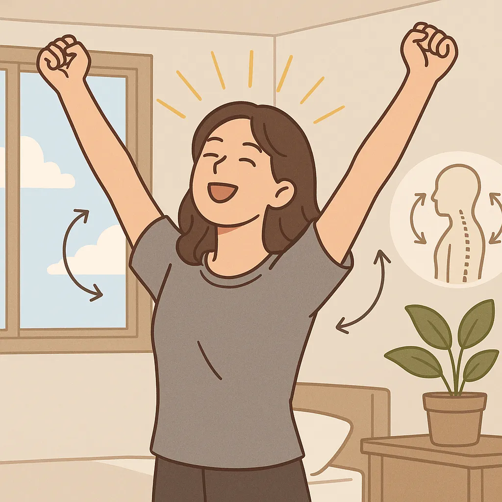 아침-햇살-속-기지개-켜며-상쾌하게-미소짓는-여성-실내-스트레칭-장면