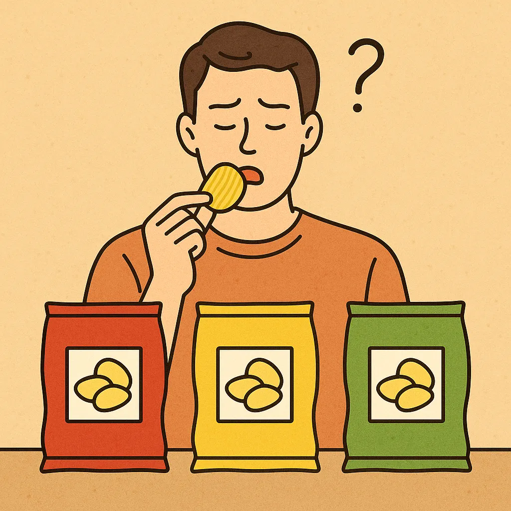 포장-색깔이-맛-평가에-영향을-주는-이유를-표현한-일러스트로,-세-가지-색의-과자봉지를-두고-맛을-비교하는-남성이-그려져,-색상에-따른-맛의-인지-차이를-상징함.