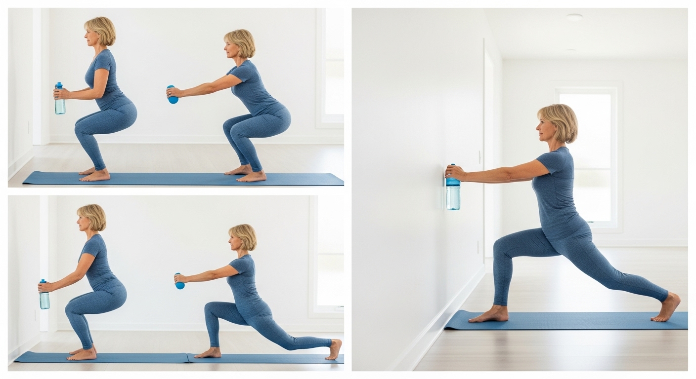집에서 쉽게 따라 할 수 있는 스쿼트와 벽 잡고 런지 동작을 시연하는 50대 여성의 모습. 올바른 자세를 강조합니다.