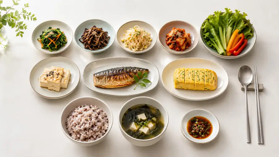 잡곡밥, 구운 생선, 두부, 달걀, 여러 종류의 나물과 신선한 채소가 균형 있게 담긴 한국식 점심 식단, 밥과 단백질 반찬과 채소 반찬의 구성이 명확하게 보이는 장면