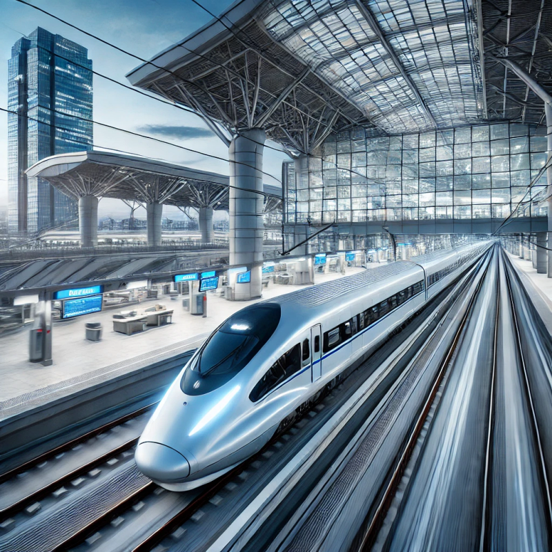 부산역에서 출발하는 KTX 열차, 맑은 하늘 아래 빠르고 현대적인 모습