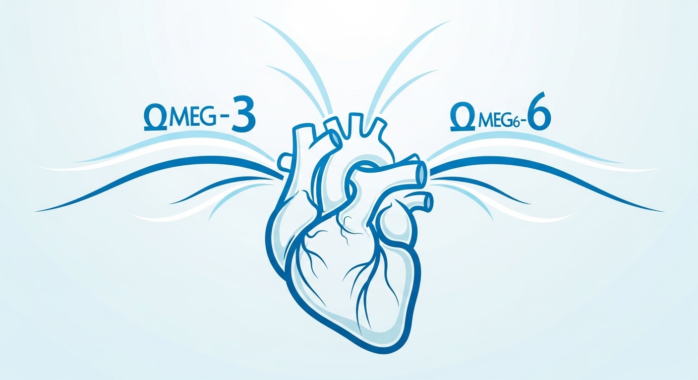 오메가-3와 오메가-6 지방산이 심장으로 흘러 들어가는 모습을 추상적으로 표현하여 심혈관 건강 개선을 상징합니다.