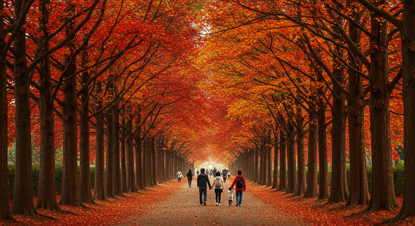 가을 남이섬 메타세쿼이아길을 걷는 한국인 여행객들.