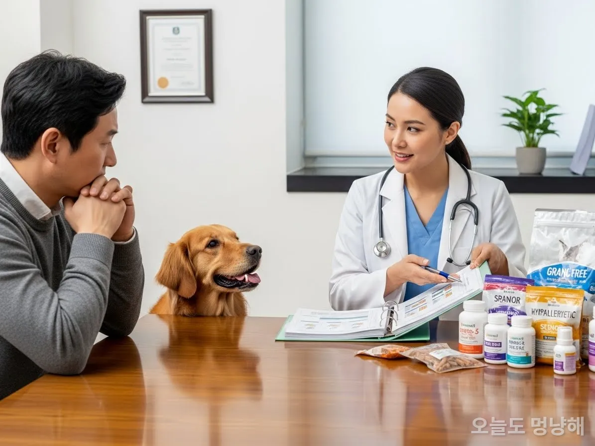한국인 수의사가 반려인에게 맞춤형 반려동물 식단과 영양제를 설명하는 모습