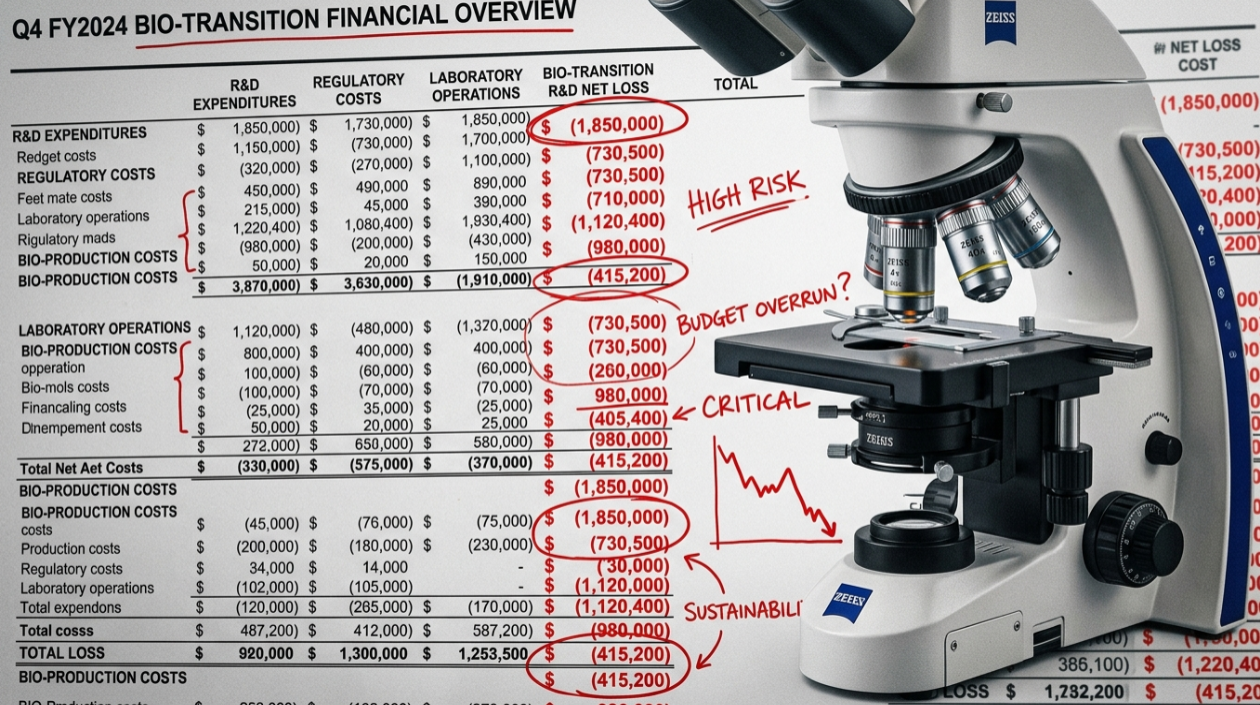 소룩스 주가 전망 관련 이미지(붉은색 숫자가 가득한 재무제표 위로 현미경이 겹쳐진 합성 이미지)
