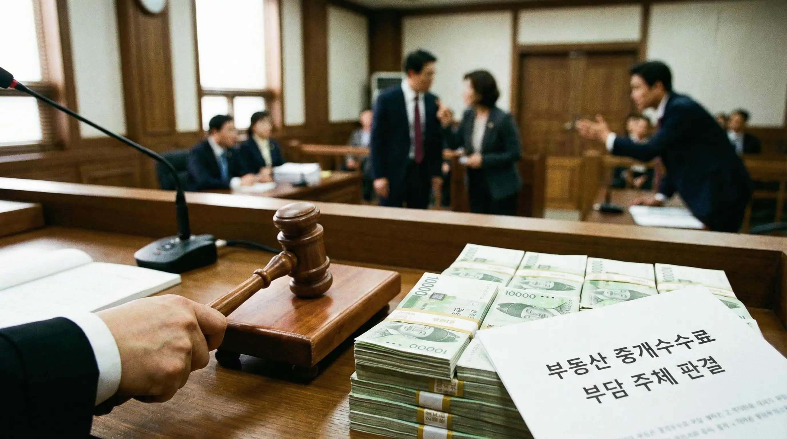 부동산 중개수수료 부담 주체를 판결하는 법봉과 돈다발 이미지