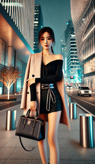 한국 드라마. 아름답고 젊은 여주인공이 현대 도시를 배경으로 서 있다.