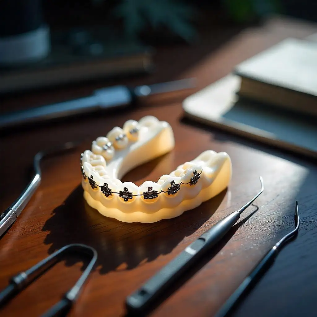 치아 모형으로 교정 원리를 설명하는 장면