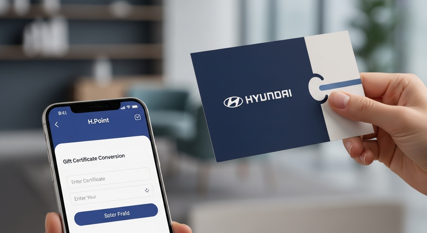 손에 들린 현대상품권과 H.Point 앱의 상품권 전환 화면이 보이는 스마트폰, 온라인 사용의 편리함을 상징