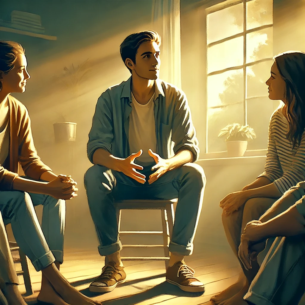 Here is the image depicting a person sharing their life experiences and the Gospel in a warm&amp;#44; welcoming environment&amp;#44; symbolizing the exchange of both words and lives. It reflects the sincerity of sharing both the message and personal life with others in the spirit of truth and connection.