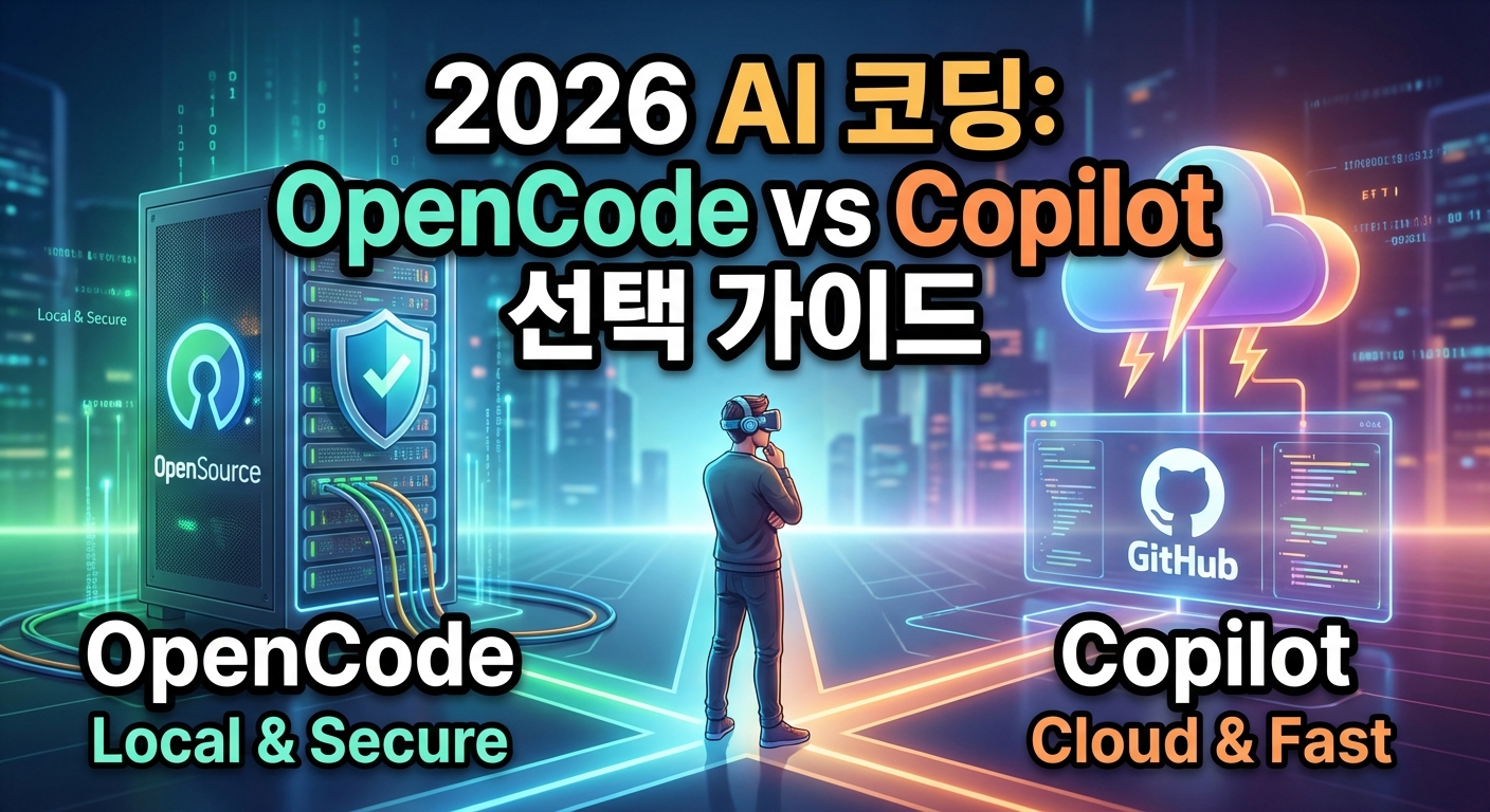 2026년 AI 코딩 도구 선택을 주제로 한 썸네일 이미지. 'OpenCode vs Copilot 선택 가이드'라는 제목 아래, 왼쪽에는 로컬 서버와 보안을 상징하는 'OpenCode Local &amp; Secure', 오른쪽에는 클라우드와 속도를 상징하는 'Copilot Cloud &amp; Fast'가 대비되어 있다. 가운데에는 개발자 캐릭터가 두 옵션 사이에서 고민하는 모습이 그려져 있다.