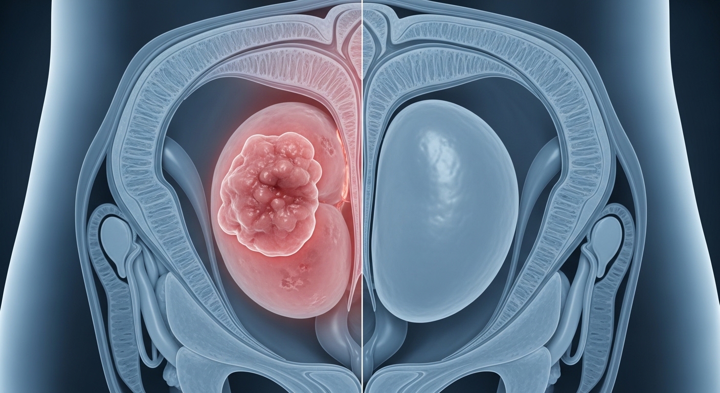 전립선암과 정상 전립선을 비교하는 의학적 일러스트. 암세포가 있는 전립선의 단면을 보여주어 질병의 심각성을 시각적으로 설명합니다.
