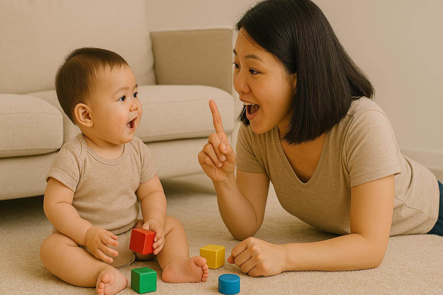 언어 습득 놀이 중인 엄마와 아기 관련 사진