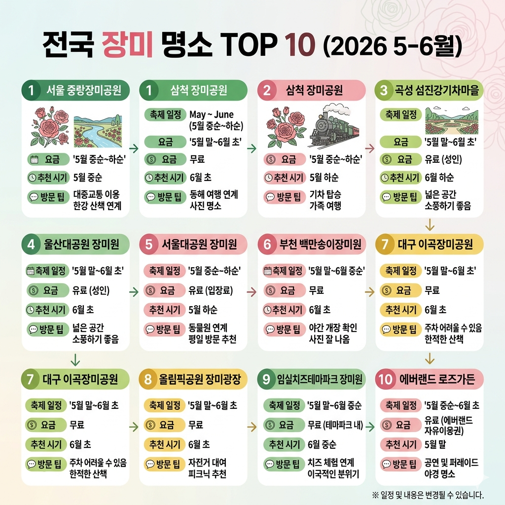 전국 장미 명소 TOP10｜2026년 장미축제 일정&middot;주소&middot;방문 팁 인포그래픽