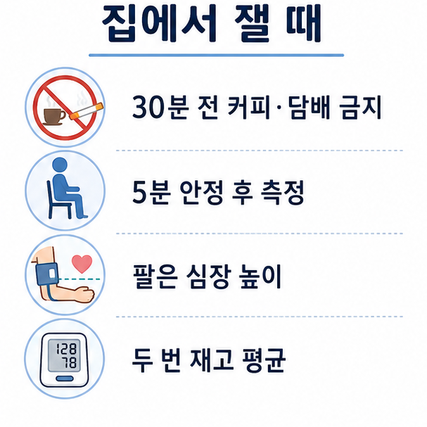 가정에서 혈압 재는 방법, 측정 전 준비와 안정 시간, 팔 높이, 반복 측정을 정리한 체크리스트