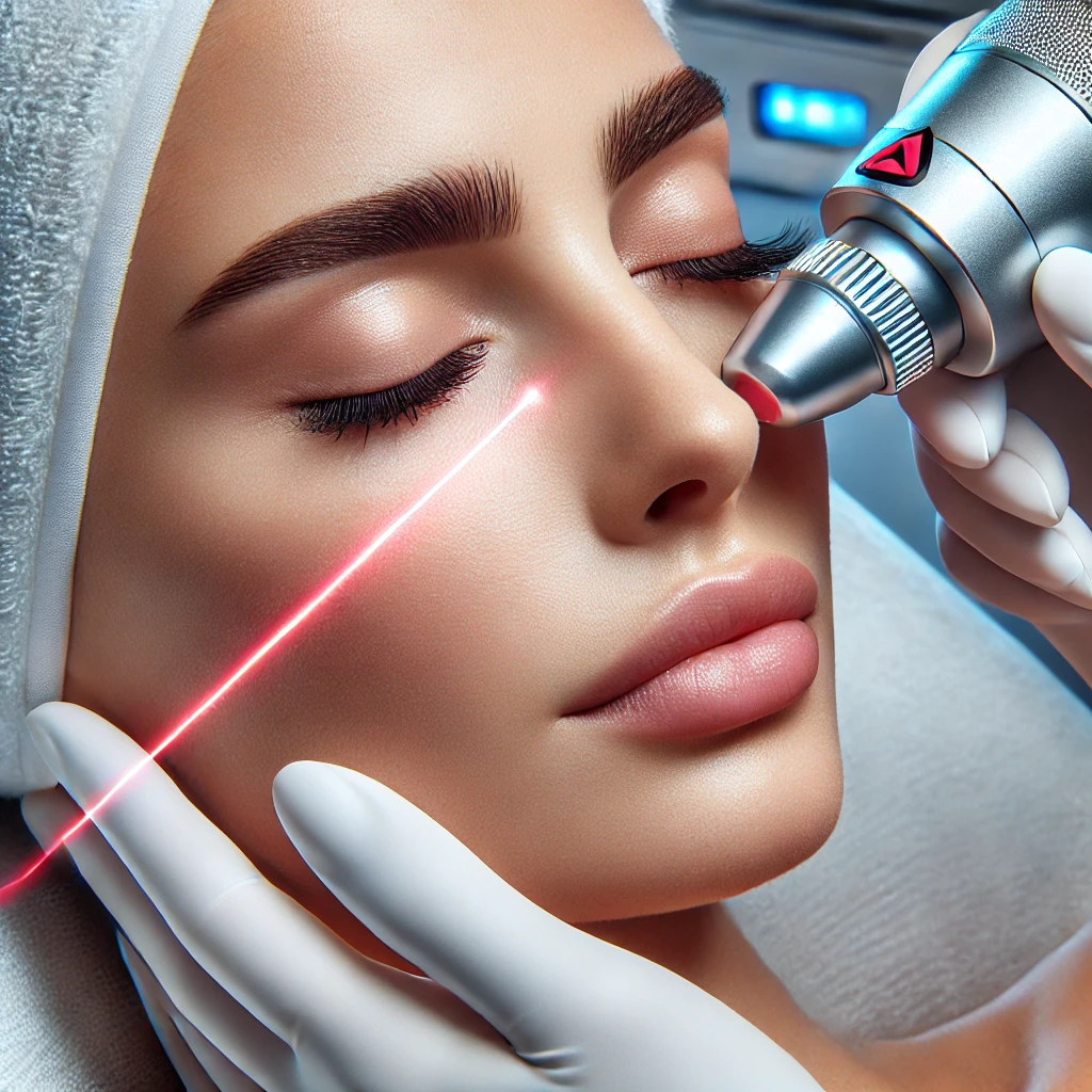 임상 환경에서 진행되는 눈밑 레이저 시술, 눈 밑 피부 개선을 위한 정밀하고 비침습적인 시술 과정 강조