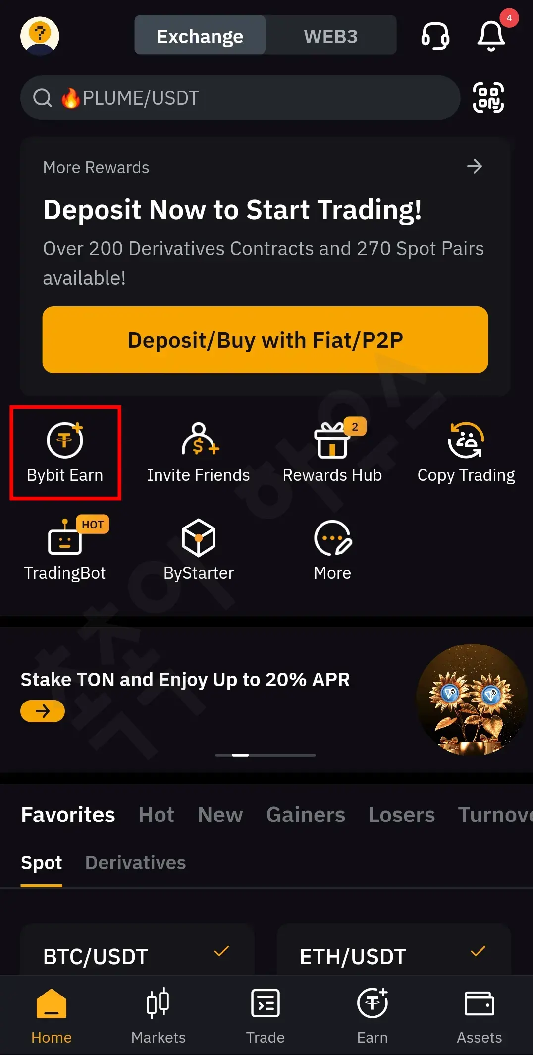 Bybit Earn 메뉴 선택 화면&amp;#44; USDT 등 암호화폐 예치로 이자 수익을 얻을 수 있는 바이비트 EARN 기능 진입 경로 안내