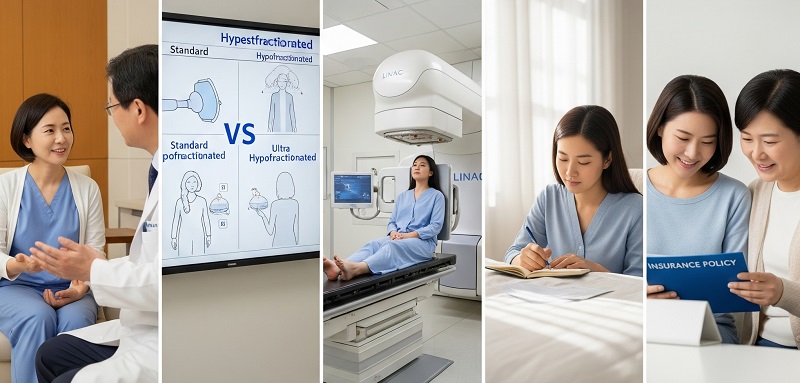 유방암 방사선치료의 상담부터 치료, 회복, 보험 확인까지 과정을 담은 장면