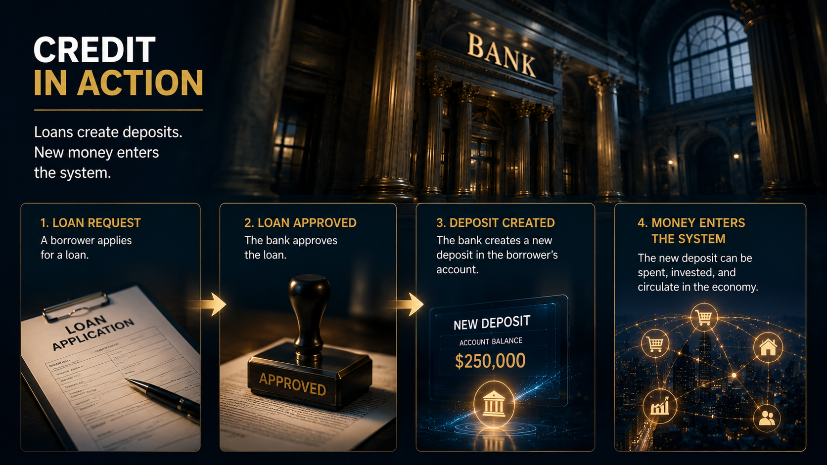 Credit creation process showing bank loans generating new deposits and expanding the money supply.