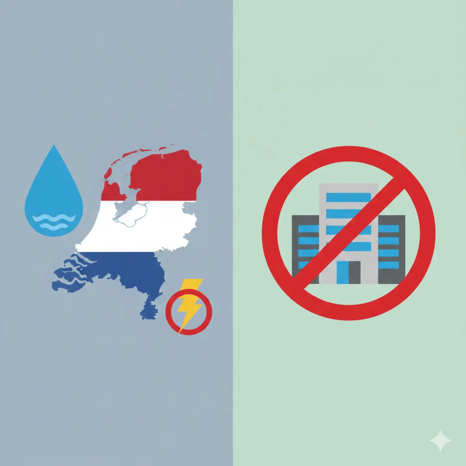 네덜란드가 데이터센터 건설을 금지한 이유를 상징적으로 보여주는 이미지로, 물 부족과 전력 부족 문제를 강조한 그래픽.